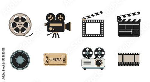 Vintage cinema icons set featuring film reel movie camera
