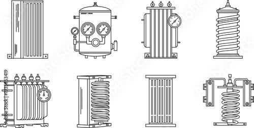 Industrial heat exchanger and radiator outline icon collection showing cooling equipment and thermal engineering devices isolated for industry design