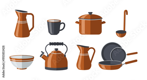 Retro kitchen tools: vintage cookware and utensils in flat style