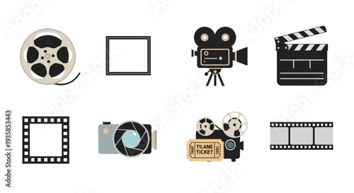 Vintage film and cinema icons set featuring retro camera and projector