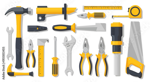 Comprehensive toolkit collection featuring modern hand tools in flat