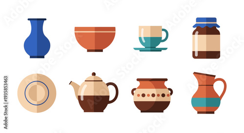 Flat design ceramic kitchenware collection with vases cups and pots