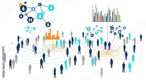 Network of connected people with data charts and social interaction