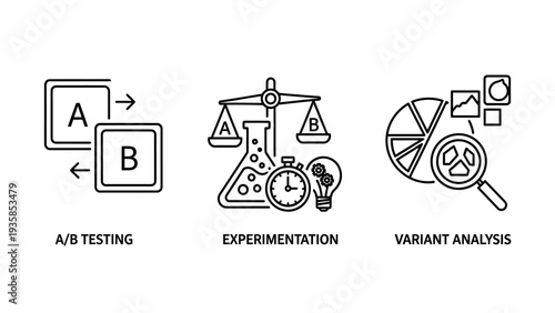 A/B Testing and Experimentation icons: Variant Analysis, Flask, Lightbulb, Scale, Time, Analytics Charts
