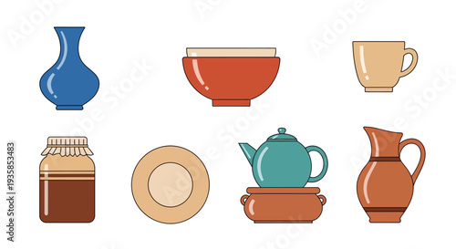 Colorful flat kitchenware: vases plates cups and jars
