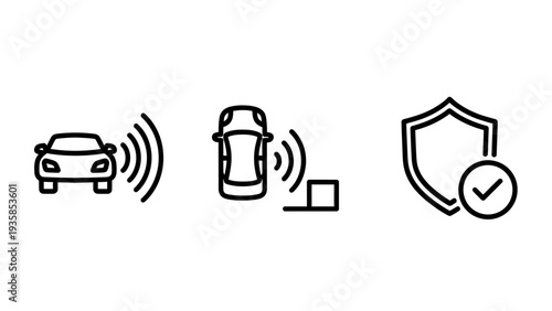 Car safety and technology icons: Sensor, Autonomous driving, Shield, Checkmark