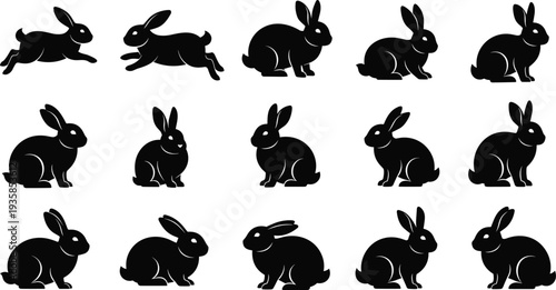 Rabbit silhouette collection showing different bunny poses including sitting and jumping isolated animal icons for wildlife nature design