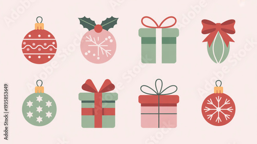 Holiday icon collection featuring ornaments and gift boxes in festive red and green hues, arranged in a grid pattern