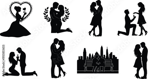 Romantic couple silhouettes collection showing love, proposal, kissing and engagement moments with city skyline isolated vector illustration set