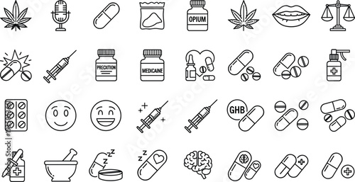 Set of drug medication and addiction line icons including cannabis, pills, syringe, pharmacy, opioid symbols isolated on white background vector illustration