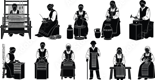 Traditional craftsmen and artisans silhouettes set showing pottery, weaving, spinning and handmade craft workers isolated on white vector illustration