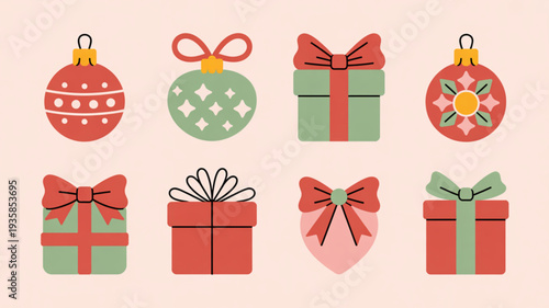 Collection of Christmas ornaments and gift boxes arranged neatly in a grid pattern on a soft background