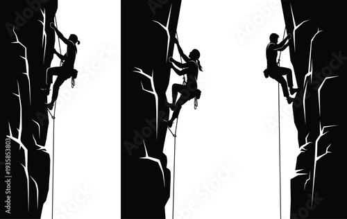Rock climber silhouette vector set, man climbing steep mountain cliff with rope, extreme sport adventure illustration isolated outdoor climbing activity design