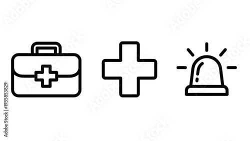 Medical emergency icons: first aid kit, cross, and siren. Healthcare and urgent care symbols.