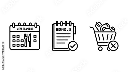 Meal Planning Calendar, Shopping List, and Shopping Cart Icons