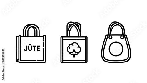 Eco-friendly bag icons: jute, cotton, and reusable shopping tote. Sustainable and organic shopping bag designs.