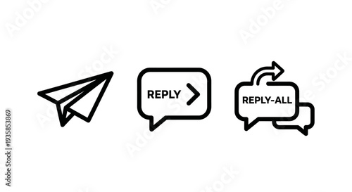 Communication icons: paper airplane, reply message, and reply-all. Sending, responding, and email or chat symbols.