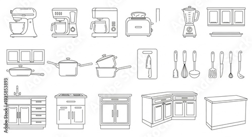 Collection of Kitchen Appliances and Fixtures Line Art.