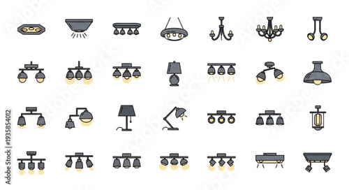 Collection of various lighting fixture icons and illustrations.