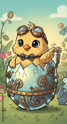 Steampunk baby chick in a cracked gear covered egg with bow tie and goggles for children poster and background design