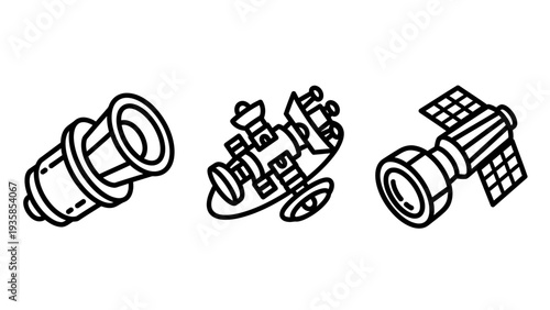 Space Exploration Icons: Telescope, Satellite Dish, Spacecraft, Astronomy and Science