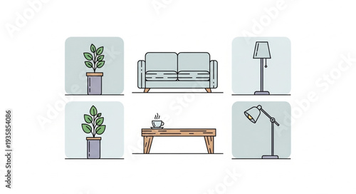 Modern living room furniture and decor elements collection.