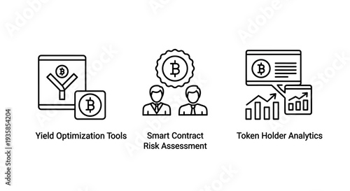 Cryptocurrency and finance icons: yield optimization chart, smart contract, and token holder analytics with Bitcoin symbol. Vector graphics for digital assets and blockchain.