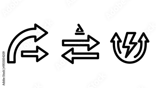 Exchange and energy transfer icons: curved arrows, bidirectional arrows with triangle, and lightning bolt circle. Vector graphics for concepts of flow, change, and power.