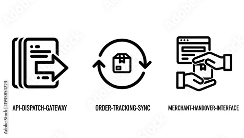 Set of modern icons for logistics and delivery services: API dispatch gateway, order tracking sync, and merchant handover interface.