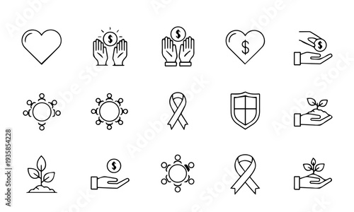 Collection of outline icons for charity, donation, support, and community on white background