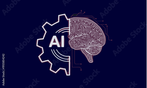 Artificial intelligence concept art with human brain circuit and mechanical gear on blue