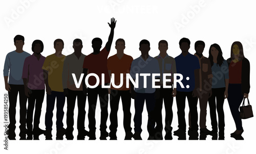 Group of diverse people silhouettes standing together under large volunteer text banner art