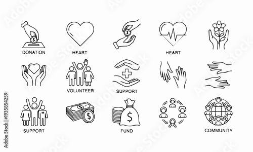 Set of outline icons representing various aspects of donation, charity, and community support