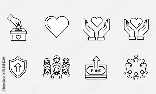 Charity and community support line icons showing heart shapes donation boxes and teamwork