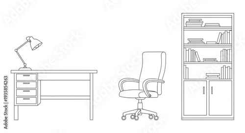 Office furniture set line drawing illustration.