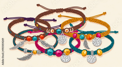 Colorful woven cord bracelets with beads and feathers on cream background