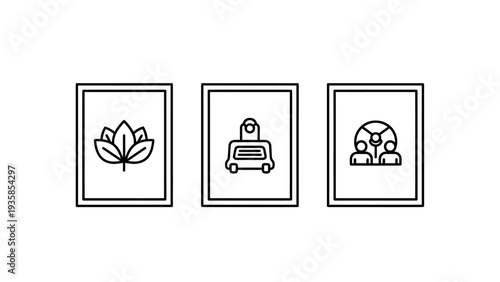Set of abstract icons representing nature, industrial processing, and group collaboration for business or technology concepts.