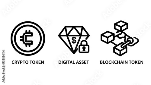 Crypto and Blockchain Token Icons: Bitcoin, Digital Asset Security, and Network Connection Concepts