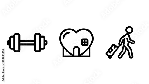 Lifestyle Icons: Dumbbell, Heart House, and Traveler with Suitcase Concepts