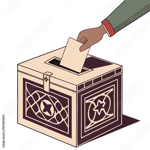 detailed illustration, ballot box with hand voting, democratic process, hand inserting ballot, ornate geometric pattern on box, isometric perspective, digital art
