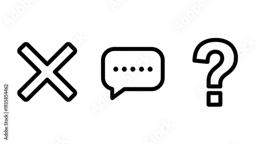 Communication and Question Icons: Cross Mark, Chat Bubble, and Question Mark