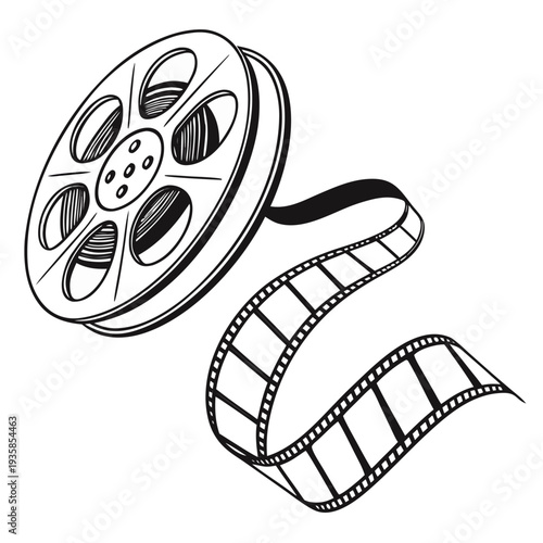 film reel, vintage movie film, cinematography, black and white, graphic design, retro, vector illustration
