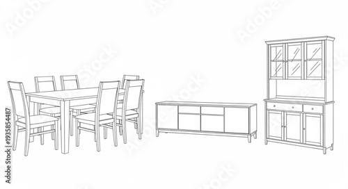 Sketch of a dining table with chairs and a hutch.