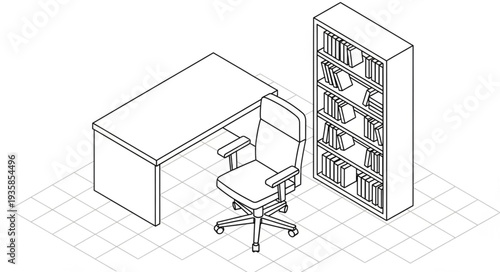 Office desk and bookshelf illustration isometric view.