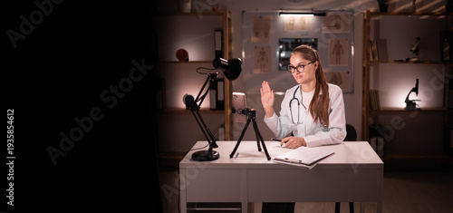 Картината върху платно woman wearing white coat and stethoscope records tutorial video on smartphone