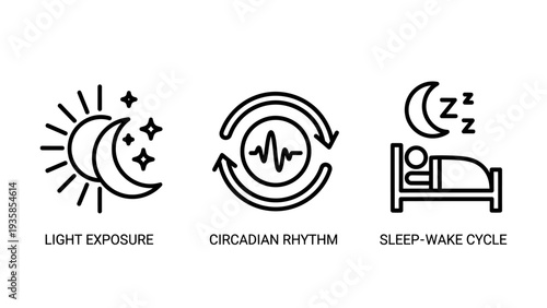 Light Exposure, Circadian Rhythm, and Sleep-Wake Cycle Icons for Health and Wellness Education