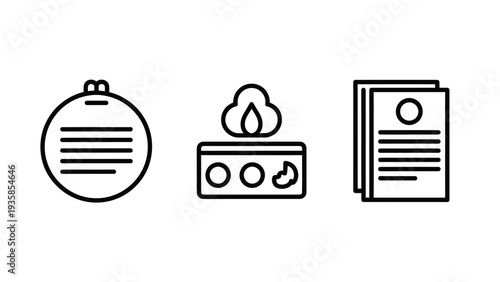 Essential Office and Personal Line Icons: Notepad, Wet Wipes Container, and Stack of Documents for UI Design