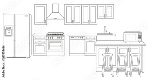 Modern Kitchen Design Sketch with Appliances and Island.