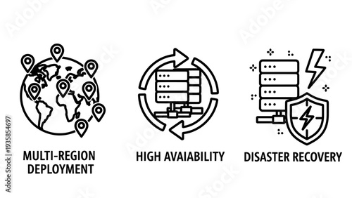 Critical Cloud Infrastructure Icons: Multi-Region Deployment, High Availability, and Disaster Recovery Outline Vector Set