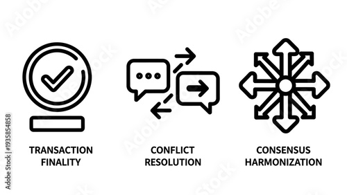 Abstract Line Icons Representing Transaction Finality, Conflict Resolution, and Consensus Harmonization, vital for Business Agreements and Secure Processes